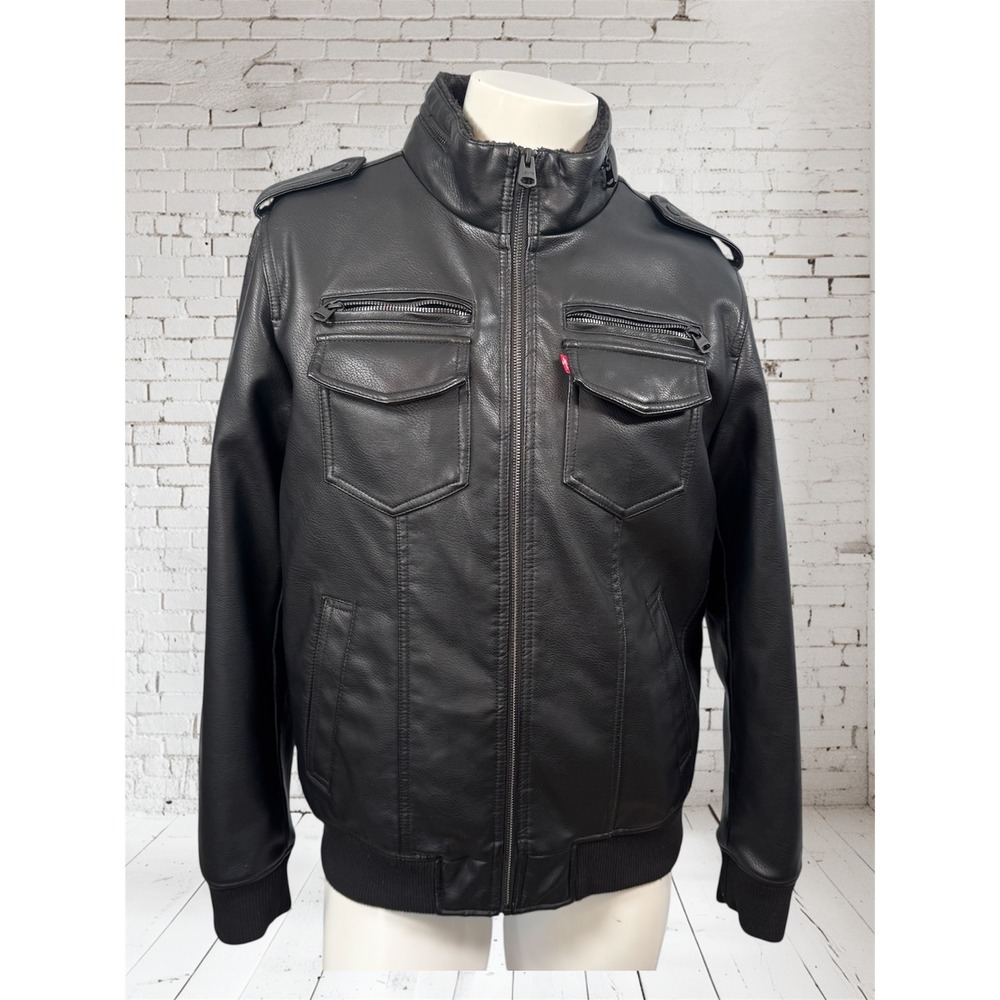 Levi's Faux Leather Jacket Mens M Black Sherpa Lined Full Zip Bomber Aviator Y2K